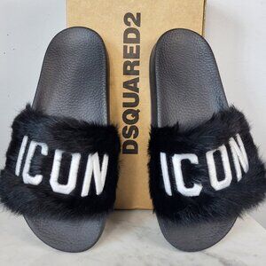 NWB~$825~DSQUARED2~7.5/8~ICON BLACK WHITE GENUINE  RABBIT FUR SANDALS SLIDES